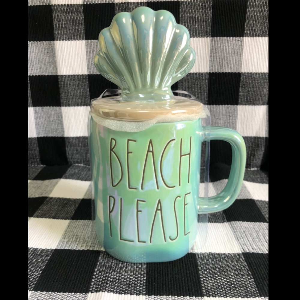 Rae Dunn “BEACH PLEASE” Blue Iridescent Mug SeaShell Topper